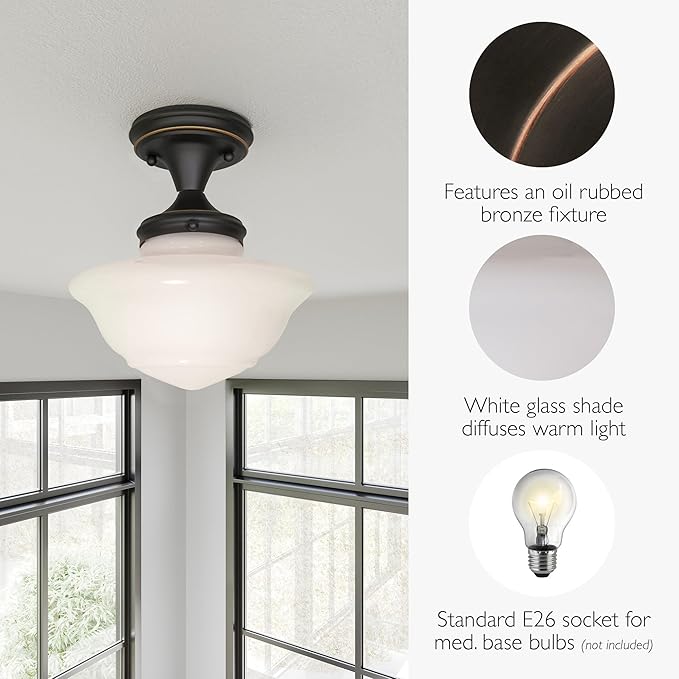 Design House Vintage-Inspired Schoolhouse Semi-Flush Mount Ceiling Light, 9 in x 9 in x 10 in, Oil-Rubbed Bronze, White Glass Shade, 507502