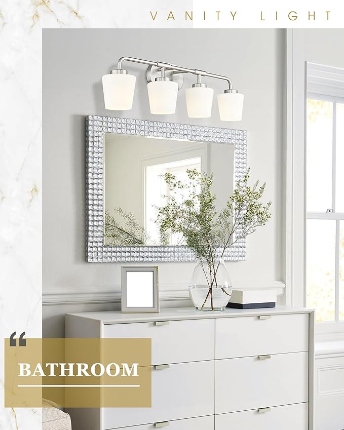 Bathroom Light Fixtures Over Mirror, 4-Light Brushed Nickel Vanity Lighting Fixtures with Milk White Glass, Vintage Farmhouse Wall Sconces Lighting, AD-22004-4W-SN