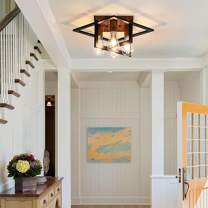 Semi Flush Mount Ceiling Light Fixture, 4 Light Industrial Ceiling Light with Black Frame & Wood Grain Accent, Close to Ceiling Farmhouse Lighting for Kitchen, Bathroom, Bedroom, Hallway (E26,1-Pack)
