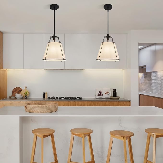 Modern Pendant Light Fixtures with 13" Off-White Linen Fabric Shade, Adjustable Hanging Light Fixture,Drum Black Vintage Chandelier for Kitchen Island Bedroom Dining Room Foyer Entryway