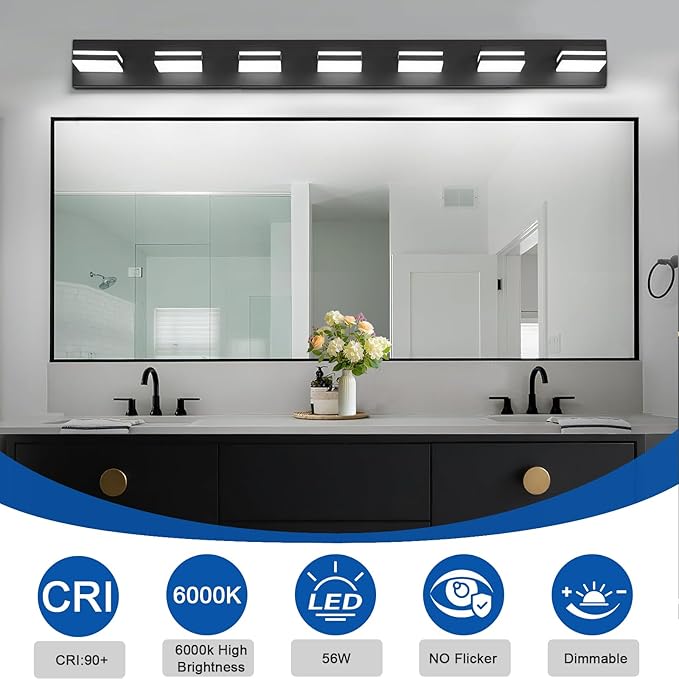 IZORRO LED Modern Bathroom Lights Fixtures(7-Light,Dimmable,360°Rotate),Matte Black Acrylic Wall Lighting,Vanity Lights for Bathroom Over Mirror - 6000k 40In （No Assembly Required）