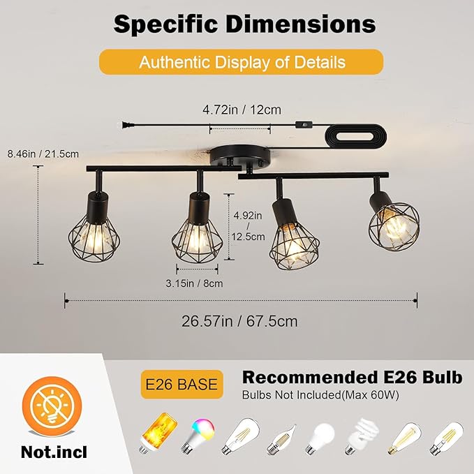 4 Light Plug in Track Light Adjustable Kitchen Track Lighting Fixture Ceiling 19.6tf Long Cord with On/Off Switch Flexible Black Farmhouse Track Lighting