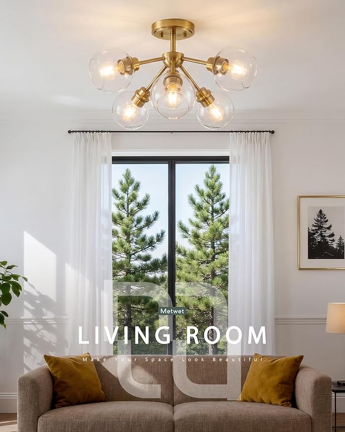 6-Light Semi Flush Mount Ceiling Light, 22" Modern Light Fixtures Ceiling Mount with Globe Clear Glass Shade, Brushed Gold Light Fixtures for Kitchen Entryway Bedroom, SM195-BG-6