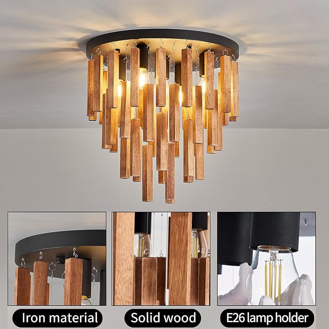 5-Light Semi Flush Mount Ceiling Light Fixture Rustic Wood Chandelier Retro Ceiling lamp Oak and Black with E26 for Farmhouse Kitchen Living Room Entryway Bedroom Dining Room Bathroom.