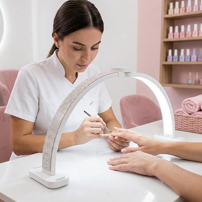 Half Moon Light for Nail Desk 31" Foldable LED Nail Desk Lamp with Phone Holder, Professional Nail Tech Light for Manicure & Beauty Studio