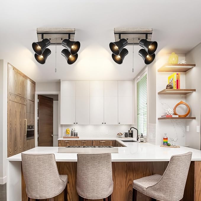 KEESFU 4 Light Kitchen Lighting Fixtures Ceiling Pull Chain Light,Farmhouse Flush Mount Ceiling Light with Rotatable Head,Rustic Light Fixtures for Dining Room Bedroom Hallway.