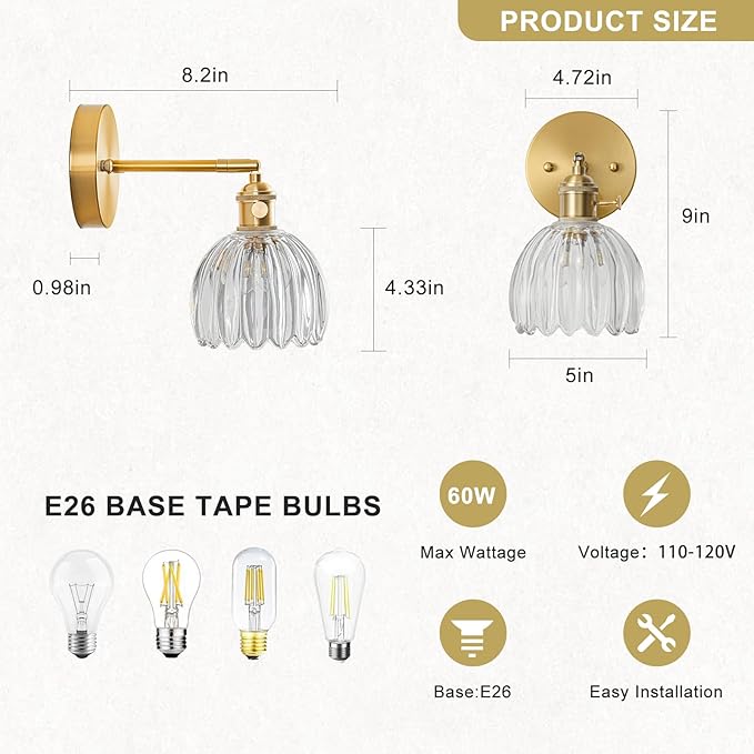 Hardwired Wall Sconce Light, Vintage Wall Sconce with Switch, Gold Wall Light Fixture with Tulip Transparent Glass Lampshade, Indoor Wall Light for Bedroom Bathroom, Bedside Wall Lamp