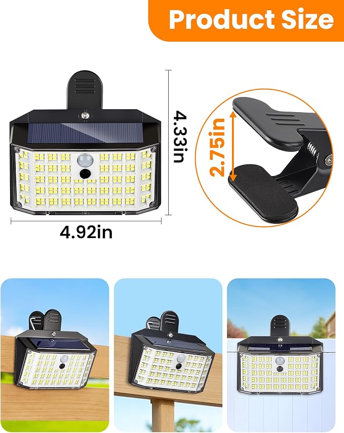 Clip on Solar Lights Outdoor, 176 LEDs 600 LM Solar Motion Sensor Lights Outdoor, IP65 Waterproof 3-Mode Clamp Light for Fence Patio Backyard Deck Garden (4 Pack)