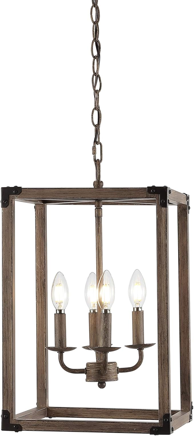 JONATHAN Y 12" Brown/Oil Rubbed Bronze Rustic Farmhouse 4-Light LED Pendant, Adjustable Iron Lantern Chandelier for Kitchen Island, Barnwood Wood Grain Finish JYL7475A