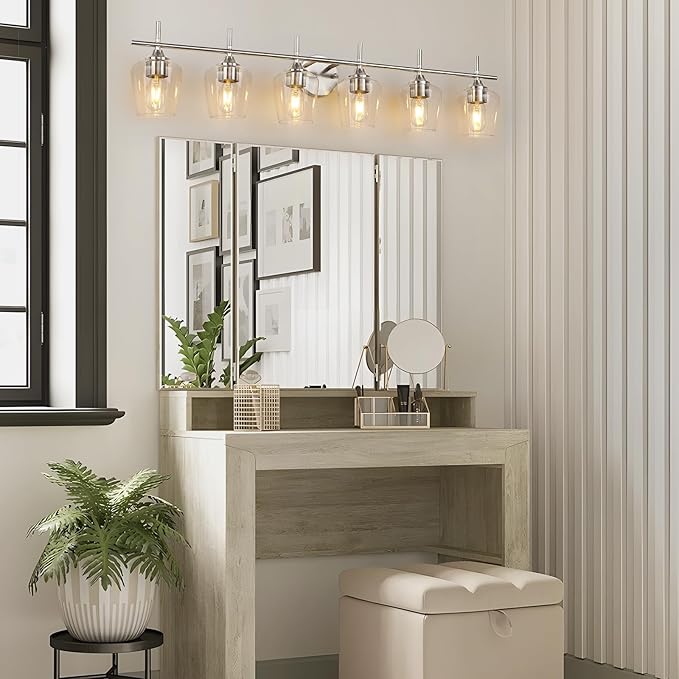 Bathroom Vanity Light Fixtures, Bathroom 6-Lights Over Mirror Modern Vanity Lighting with Clear Wine Glass Shade Wall Lamp for Bedroom Hallway Living Room (Nickel, 6-Light)