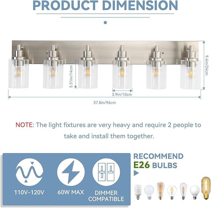 LOUSACE 6 Light Bathroom Vanity Light Brushed Nickel, Bathroom Lighting Fixtures with Clear Glass Shades Over Vanity Mirror, Modern Wall Sconces Fixtures for Bedroom Living Room, E26 Socket