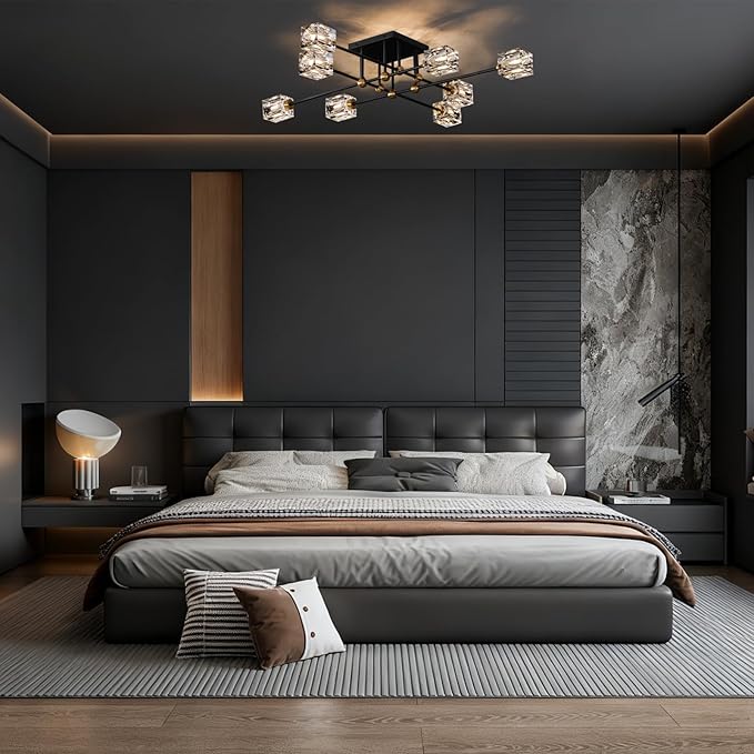 Modern Crystal Ceiling Light Fixture 13-Lights Black and Gold Semi Flush Mount Ceiling Light Farmhouse Chandeliers for Dining Room Kitchen Island Living Room Bedroom