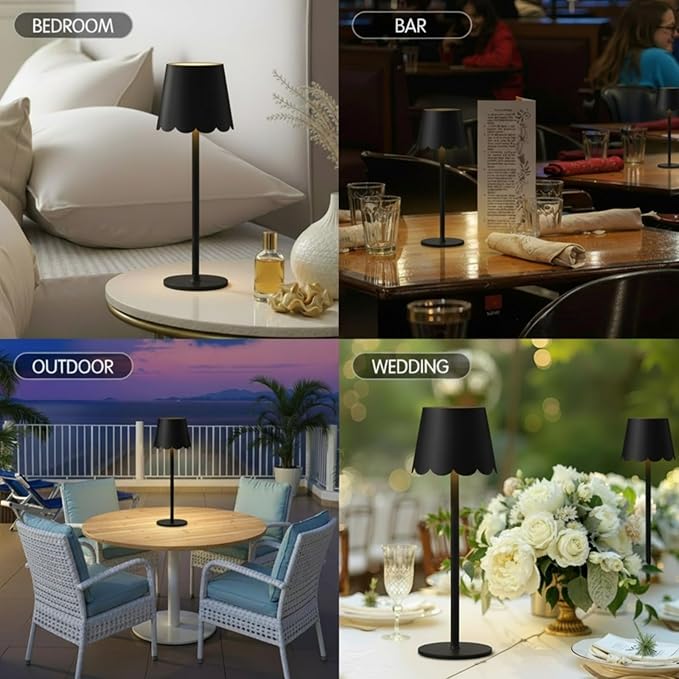 Pickmesh 2 Pack Scalloped Touch Cordless Table Lamp Rechargeable 4000mAh Battery 3 Color Stepless Dimmable Portable LED Desk Light for Mahjong Gift Bedroom Wedding Bars Outdoor Party Home Décor(Black)