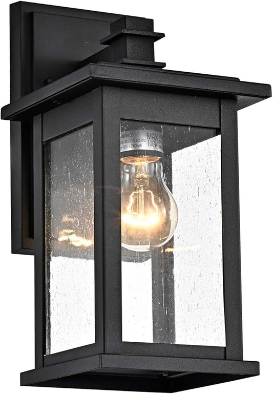 MICSIU 12-Inch Black Outdoor Wall Lantern, Modern Square Exterior Sconce with Clear Seedy Glass, Anti-Rust Waterproof Outside Wall Mount Light for House, Porch, Garage, Garden, E26 Base, 1-Pack