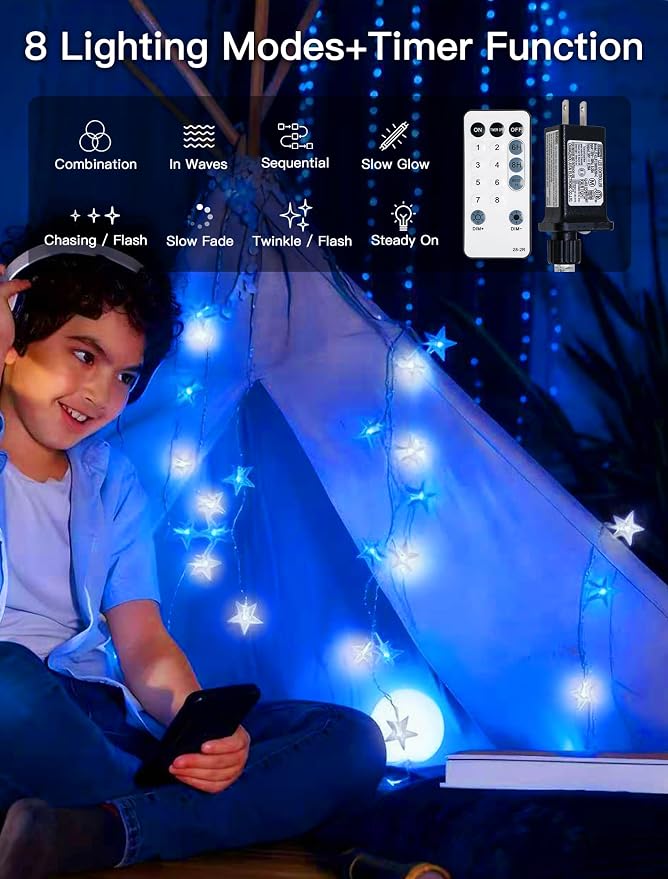 Star String Lights Plug in,39ft 100LED Fairy Lights with Remote, Hanging Star Decorations Lights Waterproof for Indoor Outdoor Bedroom Classroom Dorm Kids Tent Party Decor,Blue White