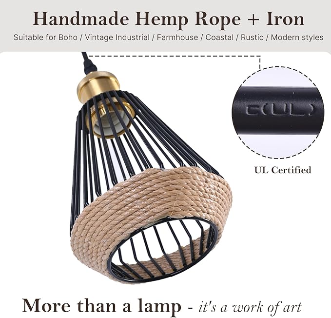 ropelux Pendant Lights Kitchen Island, Modern Kitchen Island Lighting, Adjustable Height Farmhouse Black Gold Brass Hanging Light Fixture for Living Room Sink Dinning Room Bedroom- 3 Pcs