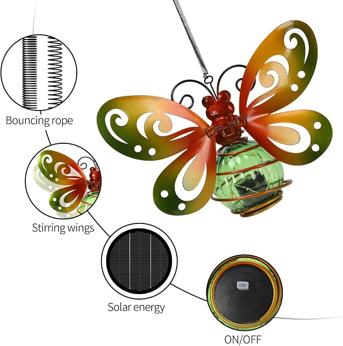 Butterfly Garden Decor with Bouncy Springs Fairy Lights Birthday Gifts for Women Mom Grandma,Hanging Solar Lights Outdoor Waterproof Metal Solar Decoration Outside for Yard, Patio, Backyard, Porch