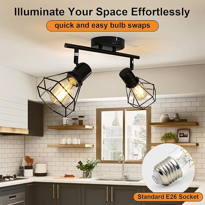 LTBLIGHT LED Track Lighting Kit, 2-Light Directional Ceiling Light Fixture, Black Metal Wire Cage Spotlight Fitting for Bedroom, Art Wall, Study Room, E26 Base, Bulbs Not Included