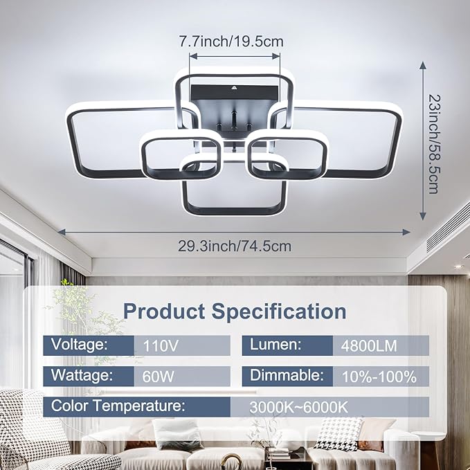 31.5" Modern LED Ceiling Light 6-Square Dimmable Ceiling Light Fixtures with Remote 3000K-6000K Black Close to Ceilings Lamp 60W for Living Room, Bedroom