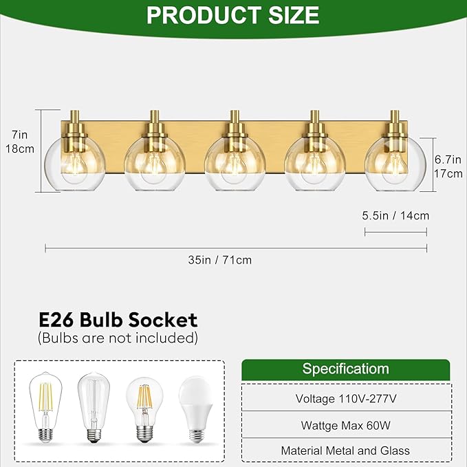 IZORRO Bathroom Light Fixtures, 5 Light Brushed Gold Vanity Light, Modern Wall Sconces with Globe Clear Glass Shade, Vanity Lighting Fixtures Over Mirror,E26 Bulb Socket