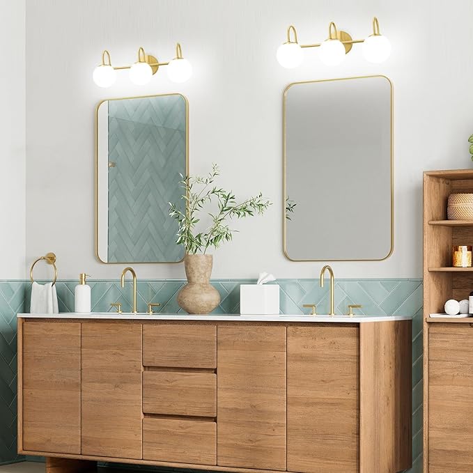 Gold Light Fixtures, 3-Light Over Mirror, Mid Century Modern Bathroom Vanity Lights Wall Sconces With Globe Frosted Milk Glass