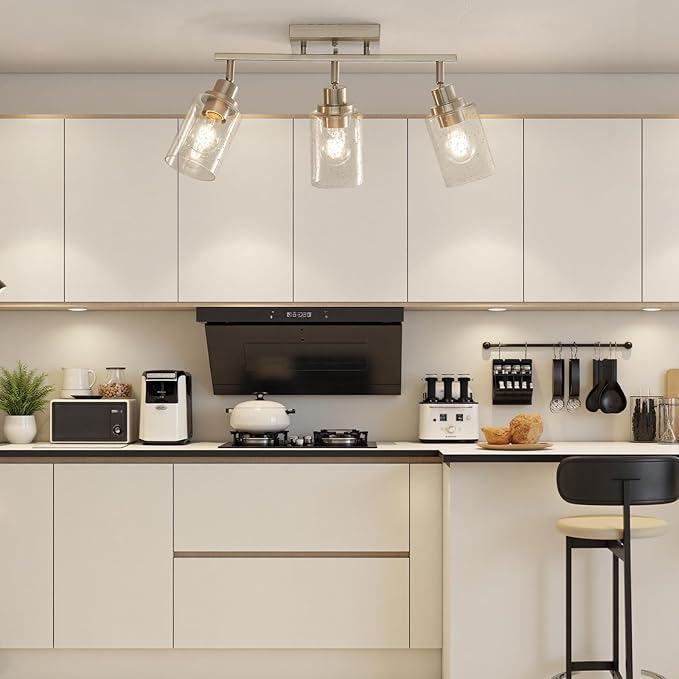 LOUSACE 3 Light Brushed Nickel Track Lighting, Modern Flush Mount Seeded Glass Ceiling Light, Kitchen Ceiling Mounted Light Fixtures Over Sink for Dining Room Kitchen Bathroom Hallway