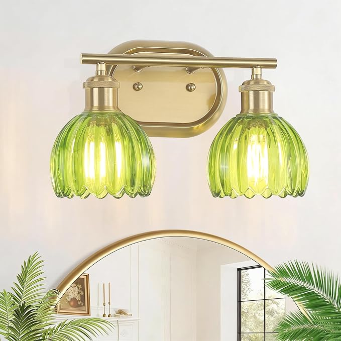 Bathroom Light Fixtures, 2-Light Gold Bathroom Vanity Light with Ribbed Green Tulip Glass Shade, Brass Wall Scone Lighting Over Mirror for Bedroom, Living Room, Hallway
