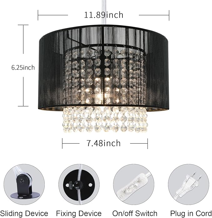 TISLYCO Plug in Chandelier, Crystal Chandelier Lighting with Long Cord 15ft and On/Off Switch, Hanging Pendant Light Plug in, Hanging Lamps That Plug into Wall Outlet for Bedroom Living Room