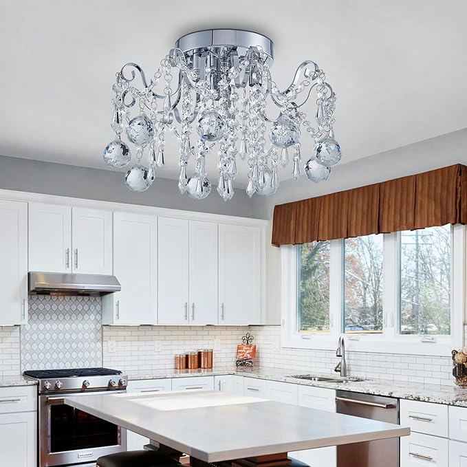 Rain Drop Crystal Small Crystal Chandelier Ceiling Light 3-Light Fixture Modern Chrome Iron Material Suitable for Bedrooms, Hallways, Walk-in Closets, Entryways, Stairwells (Chrome)