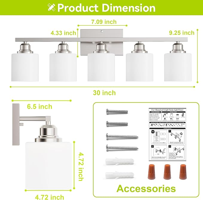 Sailstar 5-Light Bathroom Light Fixture, Brushed Nickel Vanity Lights Over Mirror, Anti-Rust, White Glass Shades, E26 Base, Bulb Not Included
