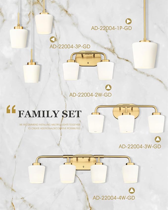 Brushed Gold Bathroom Vanity Light, Farmhouse Brass Sconces Wall Lighting with Milk White Glass, 3-Light Bathroom Light Fixture Over Mirror, AD-22004-3W-GD