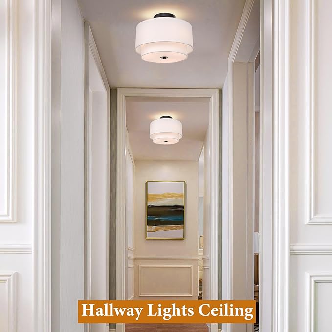 FRIDEKO HOME Ceiling Light Fixture-17.7 inch Light Fixtures Ceiling Mount with 2-Layer Fabric Shade Drum Lights for Living Room Kitchen Foyer Hallway