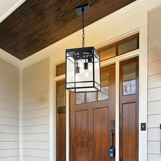 Large Outdoor Pendant Light for Porch, Black Outdoor Hanging Pendant Lighting Fixture, Exterior Linear Chandelier Hanging Lantern for Outside Patio,Front Door