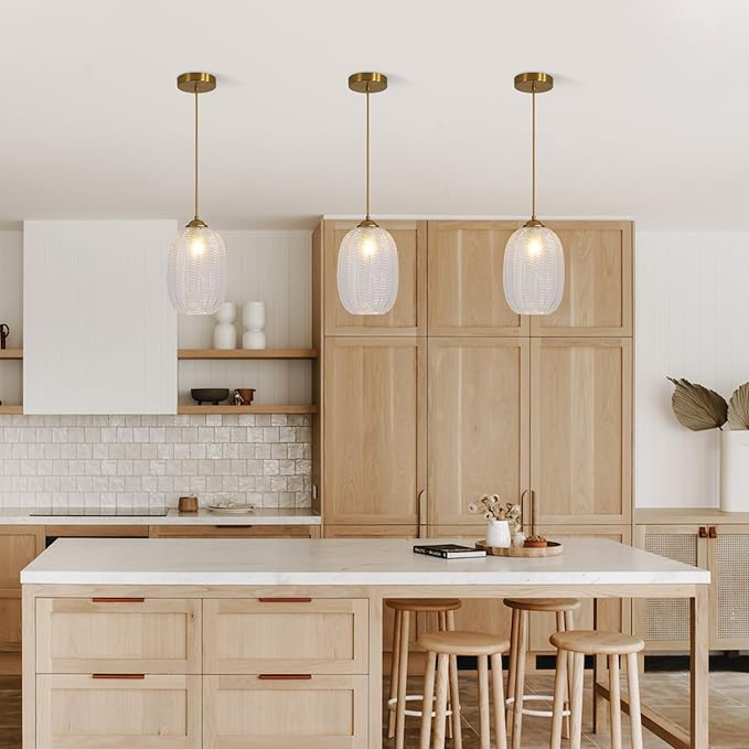 KCO Lighting Clear Glass Globe Pendant Light Ribbed Ceiling Light Brass Pendant Lights Kitchen Island Mid Century Modern Ceiling Hanging Light Gold Single Pendant Light