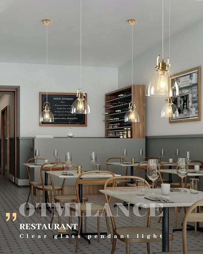 Glass Pendant Lights Kitchen Island, 7.5 inch Gold Glass Pendant Lights 1-Pack, Modern Pendant Light with Clear Glass Shade, Farmhouse Kitchen Pendant Light for Dining Rooms, Kitchen Island