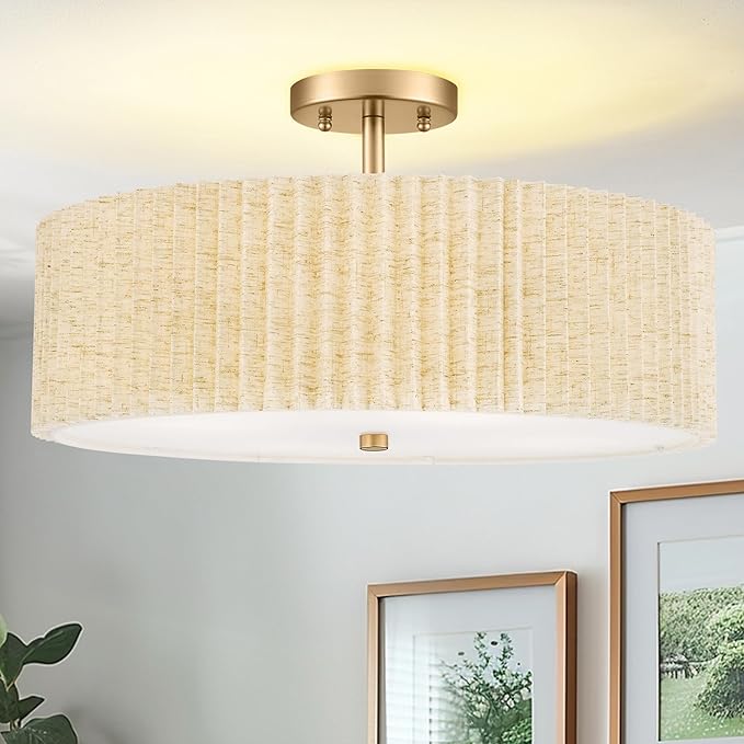 Semi Flush Mount Ceiling Lights, 4-Light 18" Gold Light Fixtures Ceiling Mount with Pleated Linen Fabric Shade, Drum Lighting Fixture for Nursery Hallway Bedroom Kitchen, AD-25036-4SF-GD-B