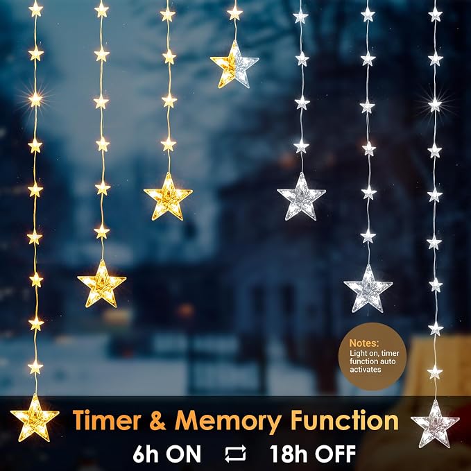 Marchpower 46 Stars Curtain Lights, Battery Operated Christmas Star Window Lights - Warm White with Timer & Memory Function & 8 Modes, IP65 Waterproof for Indoor Window Decoration