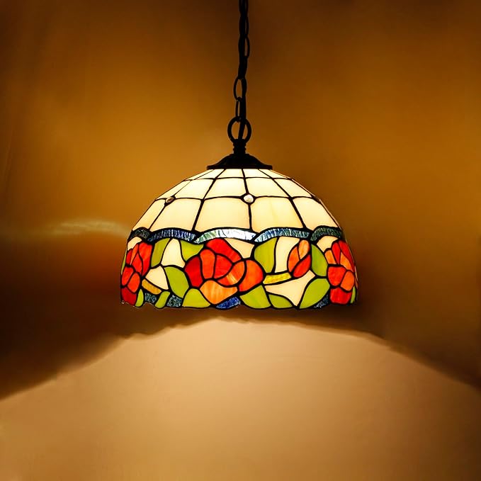 Tiffany Pendant Light Plug in Stained Glass Hanging Lamp Wide 12 Inch, Chain 33 Inch, Cord 15 Feet -Rose Flower Style