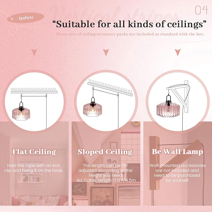 Modern Plug in Pendant Light Fixture Large Glass Hanging Lamp Pink Globe Shade Hanging Light Plug in Cord Mid Century Modern Pendant Lighting with 14.7 ft Cord for Kitchen Living Room