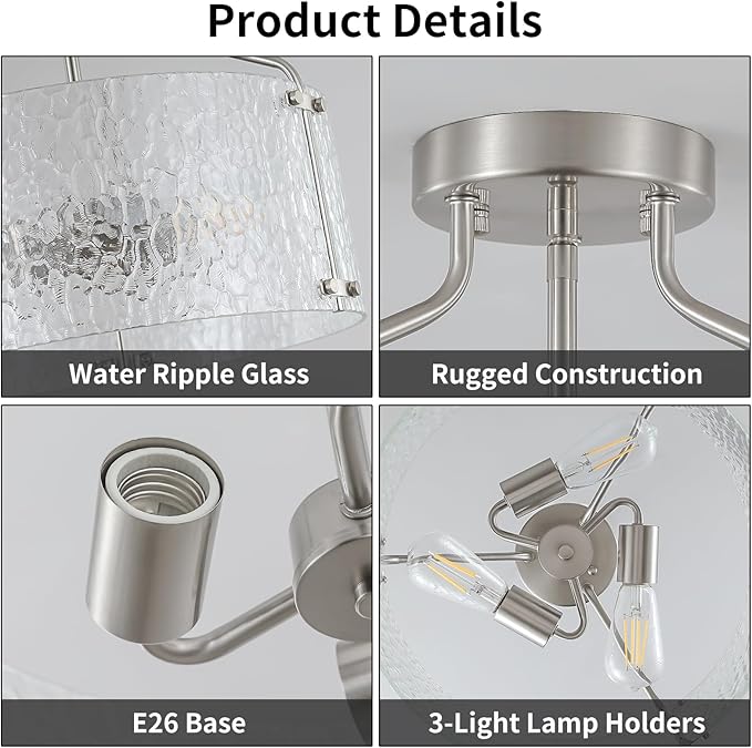 Semi Flush Mount Ceiling Light Fixture Glass Drum Chandelier Entryway Light Fixture 16''Brushed Nickel Flush Mount Ceiling Lights 3-Light Foyer lighting fixtures for Living Room Hallway Bedroom