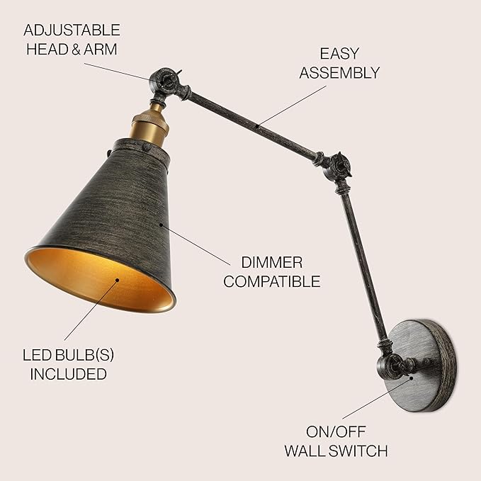 JONATHAN Y 7" Rustic Dark Gray/Brass Gold Classic Industrial Metal Adjustable Arm LED Wall Sconce for Bedside Reading, Farmhouse Swing Arm Wall Lamp with Metal Shade, Hardwired (JYL7462D)