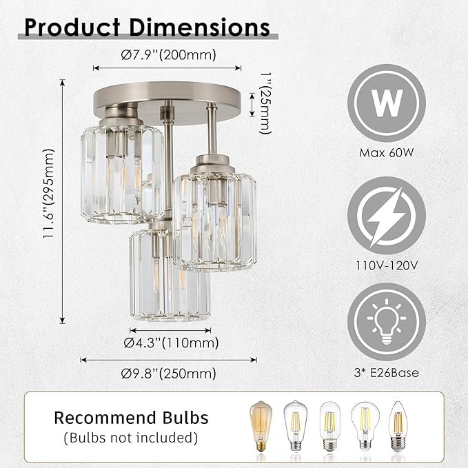 Brushed Nickel Semi Flush Mount Ceiling Light, 3-Light Modern Crystal Chandelier with Clear K9 Crystal Shades, Kitchen Light for Hallway Kitchen Bathroom Entryway