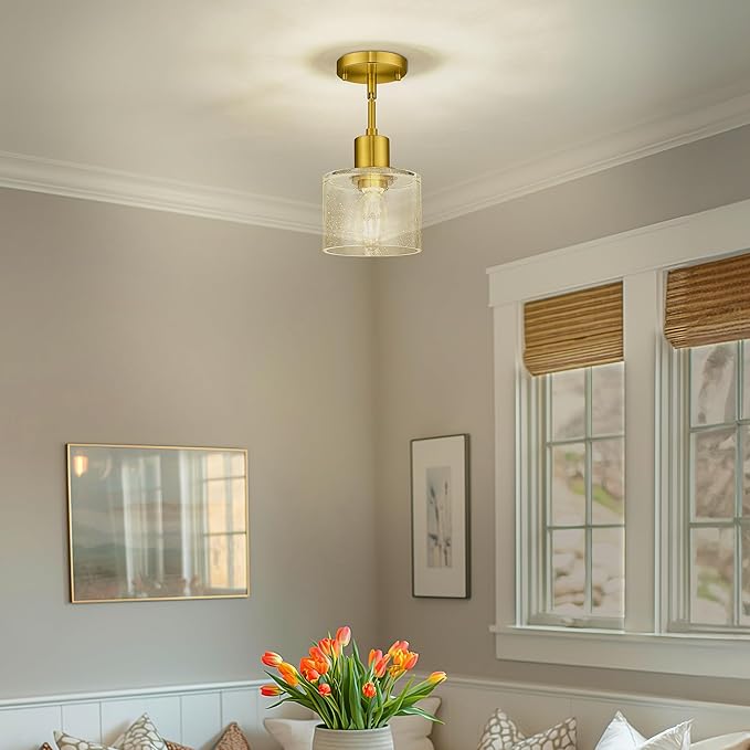 LMS Modern 1-Light Semi Flush Mount Ceiling Light, Brushed Gold Close to Ceiling Light with Seeded Glass Shade, Farmhouse Lighting for Hallway Corridor Kitchen, LMS-101GD