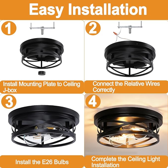COTULIN Farmhouse Black Flush Mount Ceiling Lights 2 Pack, Industrial Metal Cage Hallway Round Light fixtures with Rustic Light fixtures for Living Room Bedroom, Hallway, Kitchen (2-Light)