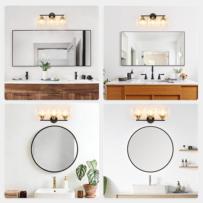 TALOYA Bathroom Vanity Light Fixtures, 3-Light Modern Black and Gold Wall Lights Over Mirror with Gradient Amber Tulip Glass Shades Bathroom Wall Lamp for Mirror, Living Room,Hallway, Farmhouse