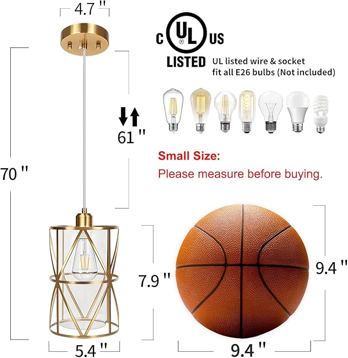 Brushed Gold Pendant Light, 5.4"×7.9" Dual-Shade Kitchen Island Lighting with Clear Glass Shade, E26 Adjustable Height 1"-61", UL Listed, for Dining Room Foyer Entryway — Bulbs Not Included