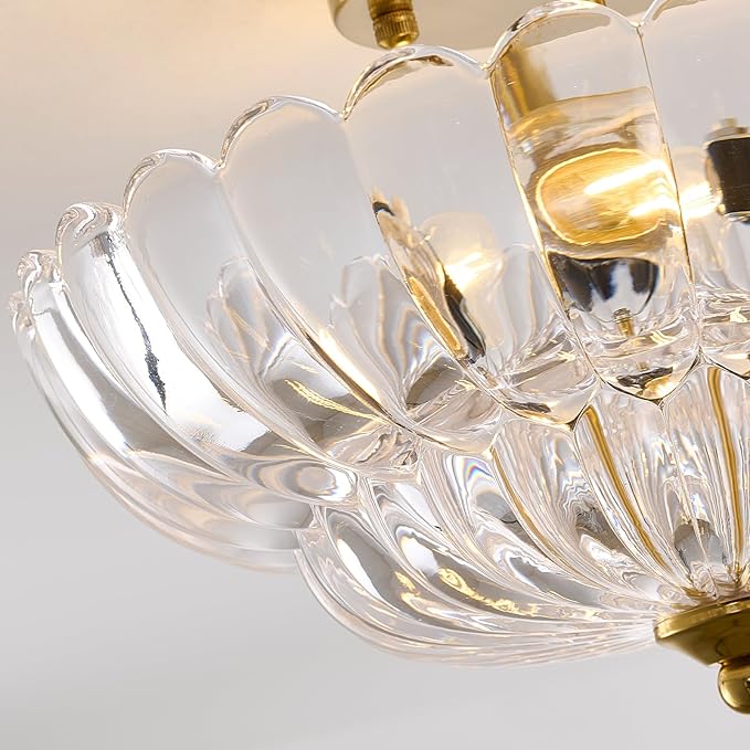 Gold Semi Flush Mount Ceiling Light, 12" Crystal Glass Vintage Light Fixture with E26 Base, 3-Light Modern Close to Ceiling Lamp for Bedroom Hallway Entryway Kitchen