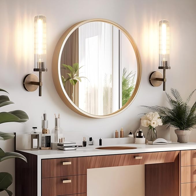 19.5" Knurled Brass Wall Sconces Set of 2, Bronze Bathroom Vanity Light Fixtures with Vertical Striped Glass Tube, Modern Lamp Lighting for Bedroom, Living Room, Hallway, Staircase, Mirror, Kitchen
