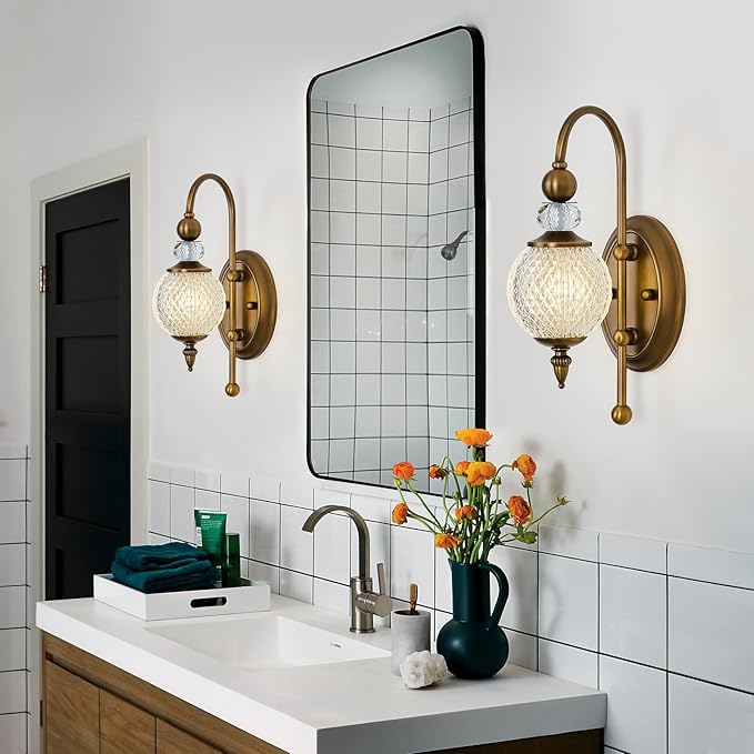 Vintage Gold Wall Sconce with Acrylic Globe Shade Brushed Brass G9 Bulb Vanity Light Indoor Wall Light for Bathroom Bedroom Hallway Living Room