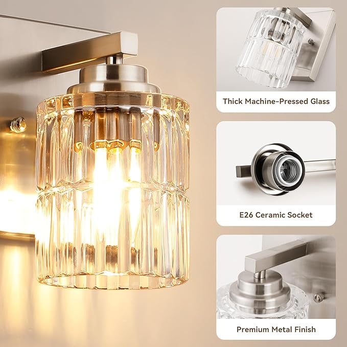 TALOYA 4 Inch Bathroom Light Fixtures,Modern,Set of 2 Light Brushed Nickel Vanity Lights with Wide Vertical Ribbed Thickened Glass Shade for Mirror Makeup Room Hallway（Bulbs Not Included）